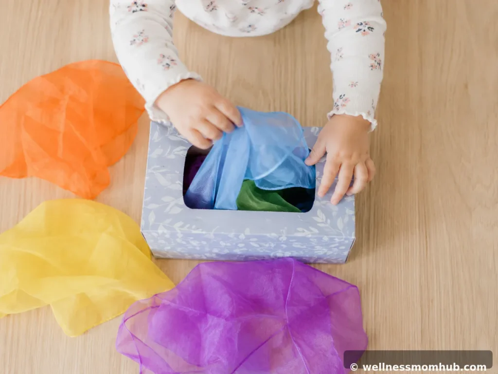 One year old pulling fabric squares from a tissue box, a simple scarf-pull activity