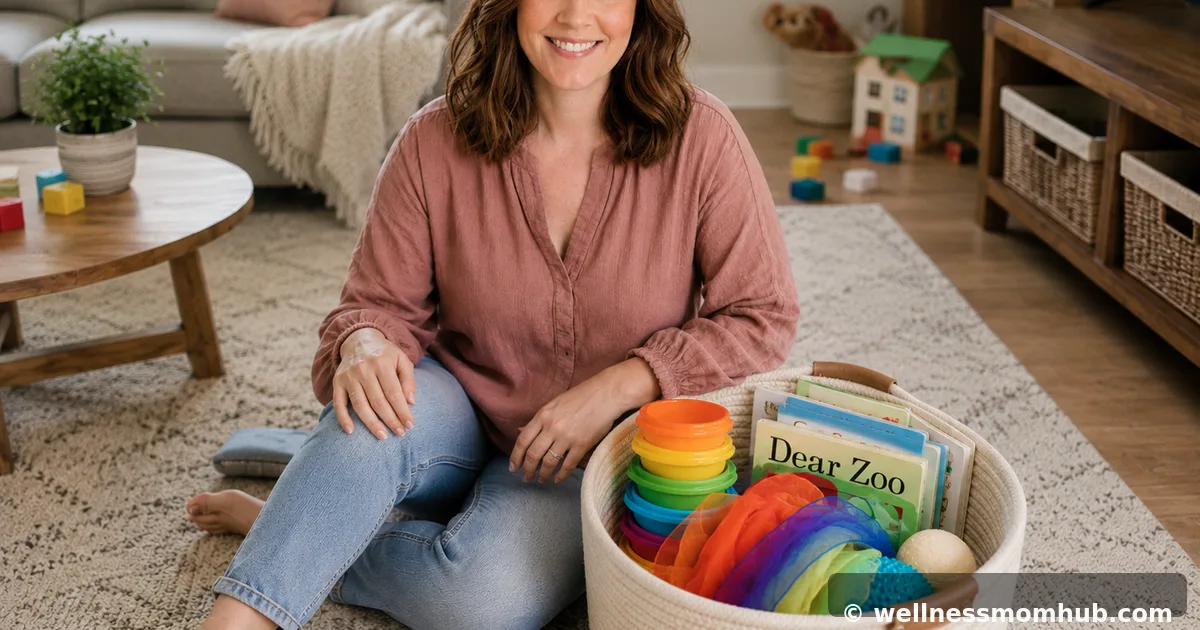 Basket of simple activities for 1 year olds — stacking cups, scarves, a soft ball, and board books in a family room