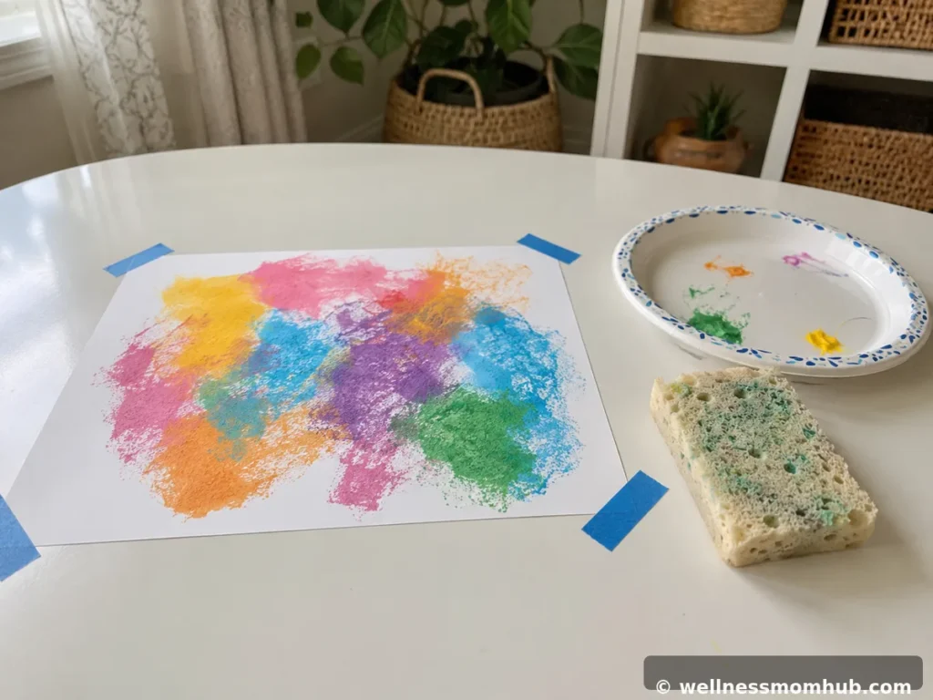 Finished toddler art with a sponge and washable paint on a wipe-clean surface, an art activity for 1 year olds