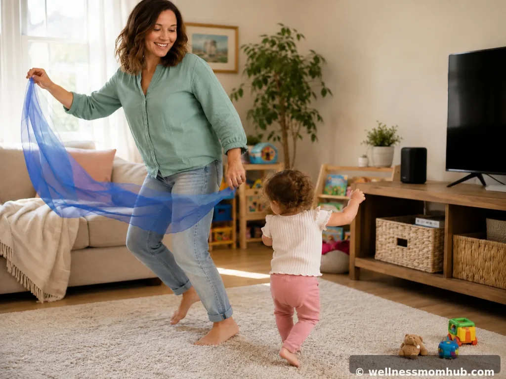 Toddler and parent dance break in the living room, a fun activity for 1 year olds