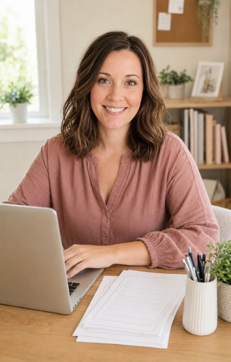 Hailey Brooks working on printables at her home office desk