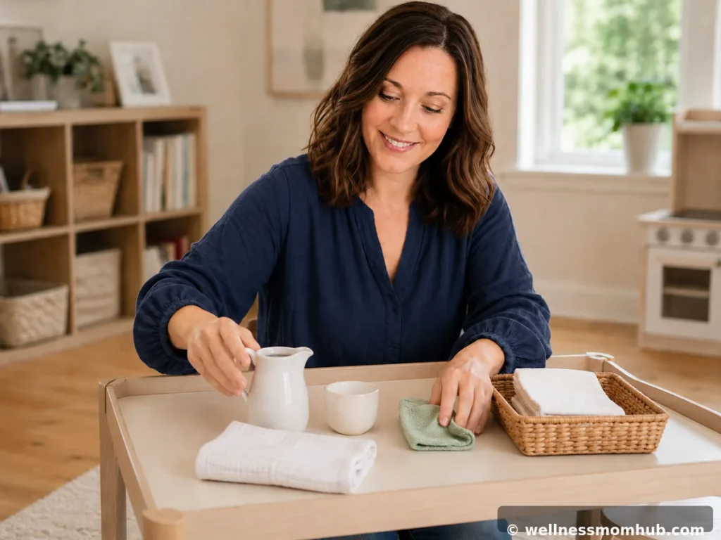 Montessori activities for a 1 year old — small pitcher, cup, cloth, and napkin basket on a low table