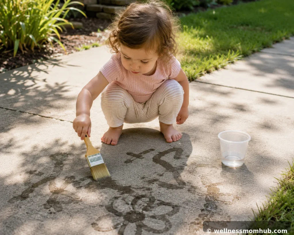 Wide paintbrush making water marks on a sidewalk, an outdoor activity for 1 year olds
