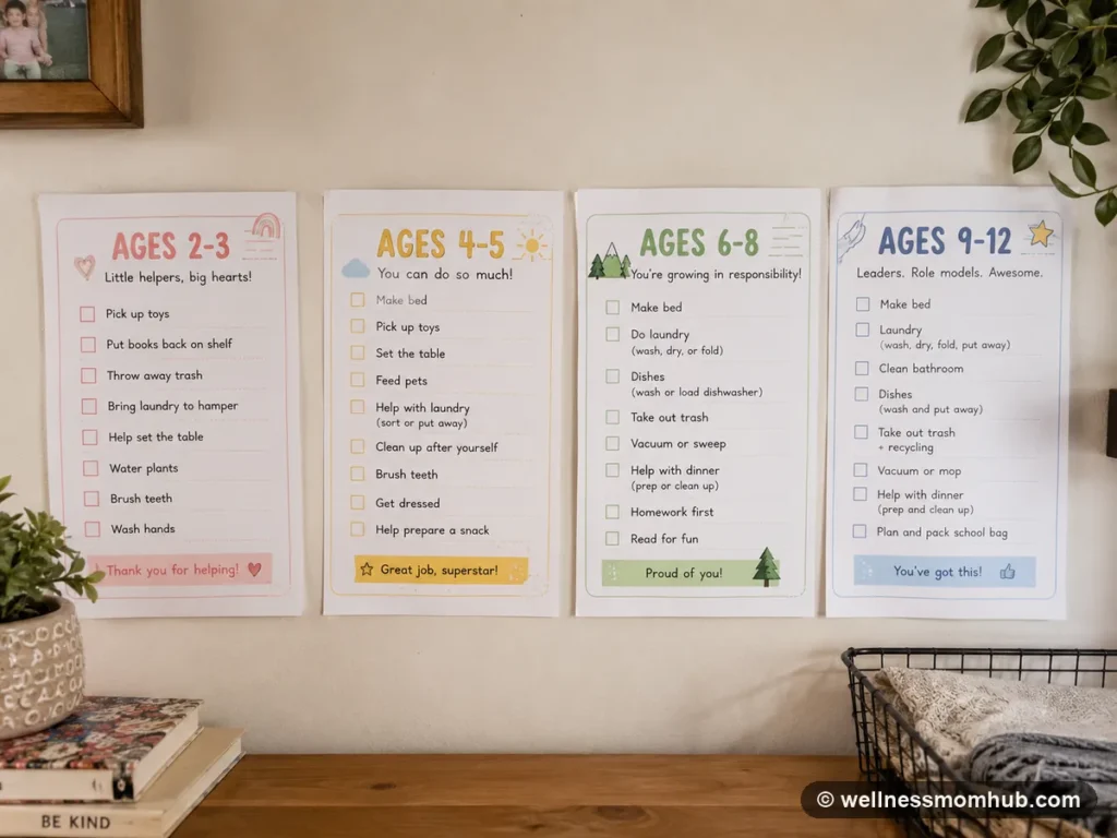 Four printable chore charts for different age ranges displayed side by side on a wall