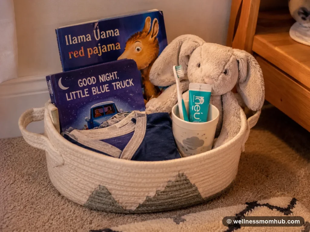 Bedtime basket holding two books, pajamas, toothbrushing supplies, and one stuffed animal