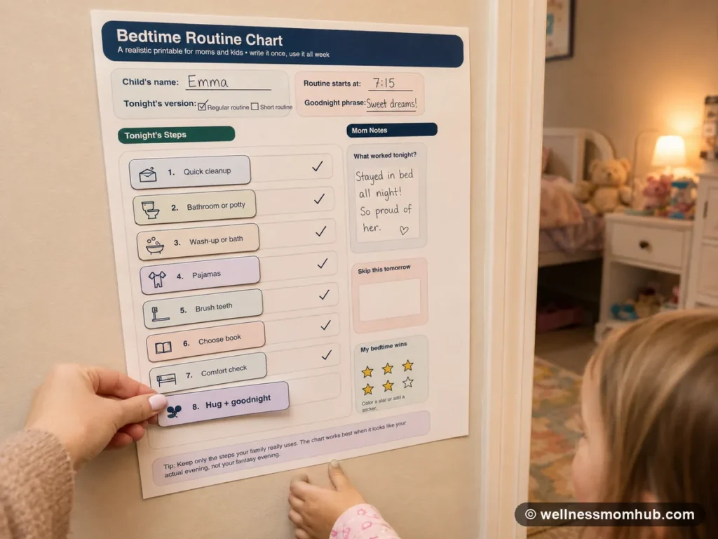 Printable bedtime routine chart hung at child height with the goodnight card being moved