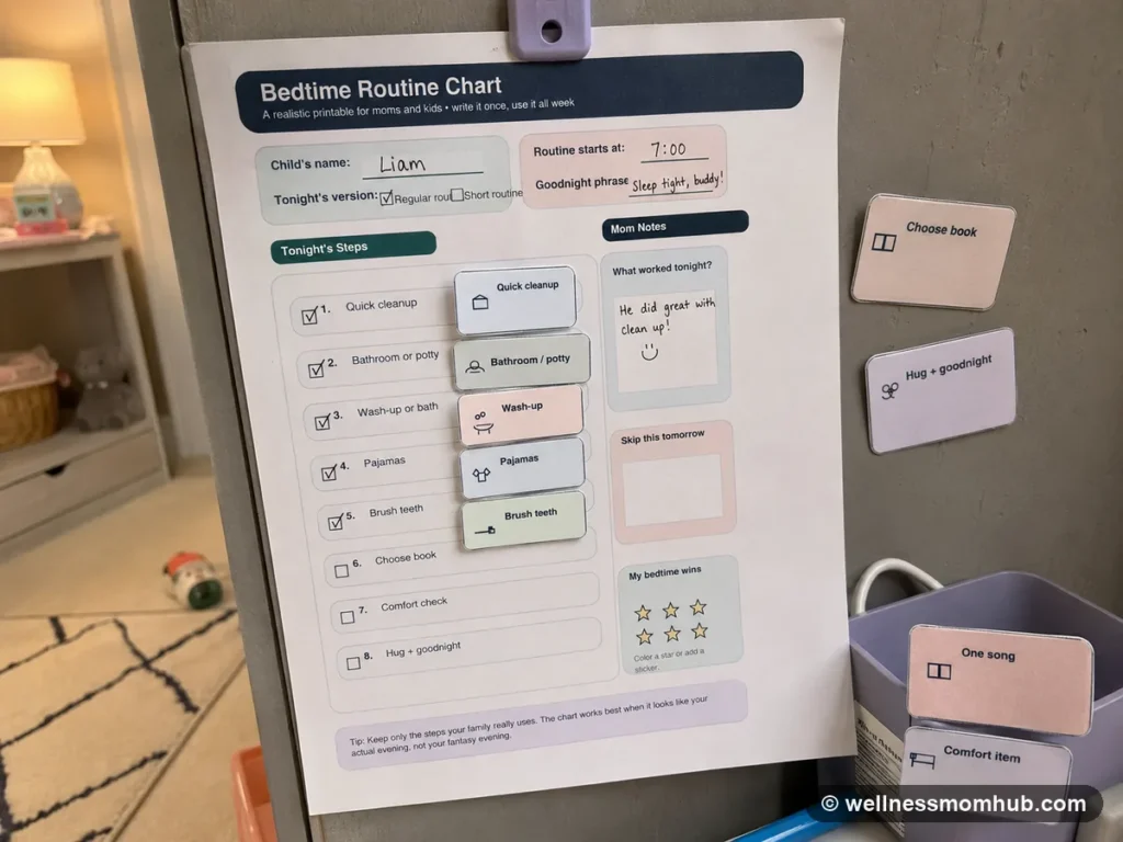 Printed bedtime routine chart with removable picture cards for each step