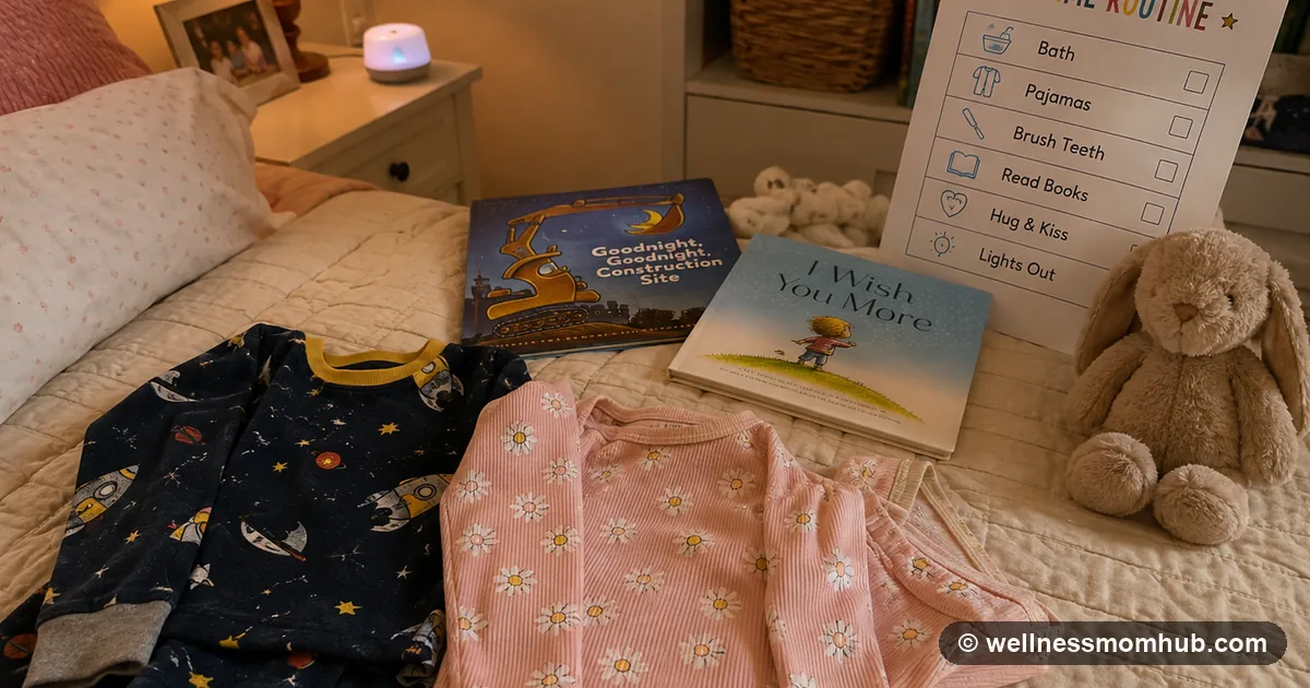Bedtime setup for a 3 year old with pajamas on the bed, two books, a stuffed animal, and a printable routine chart