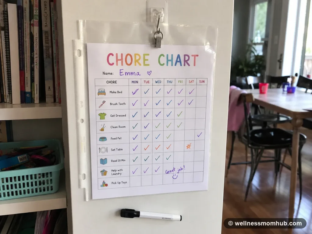 Chore chart printable inside a clear sheet protector with dry-erase checkmarks