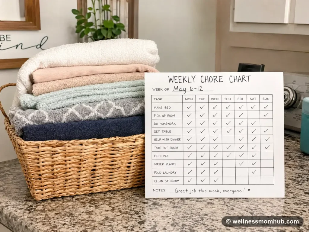 Basket of folded towels beside a completed weekly chore chart