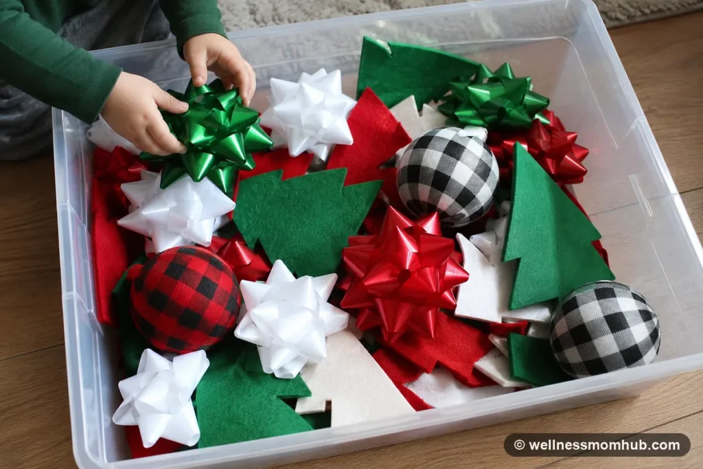 Christmas sensory bin ideas with gift bows, felt tree pieces, and shatterproof ornaments
