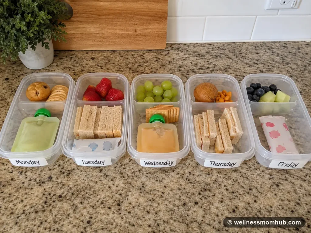 Five labeled daycare snack containers packed for Monday through Friday