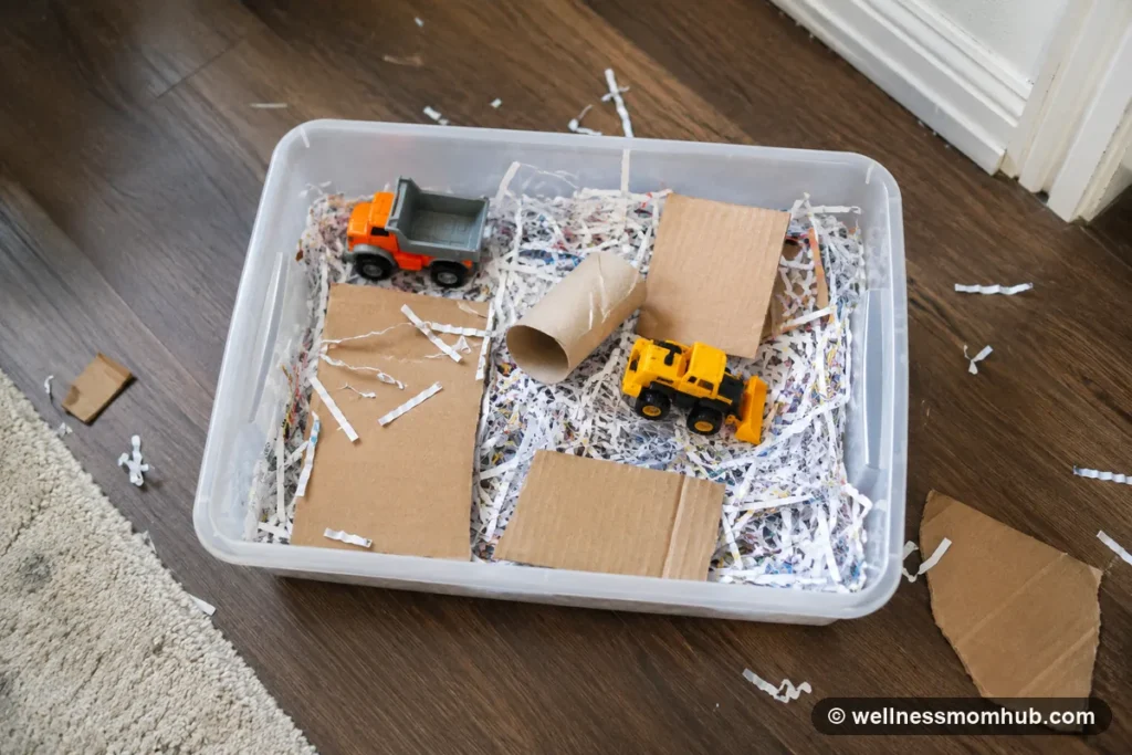 Dry sensory bin with shredded paper, toy trucks, and large cardboard pieces