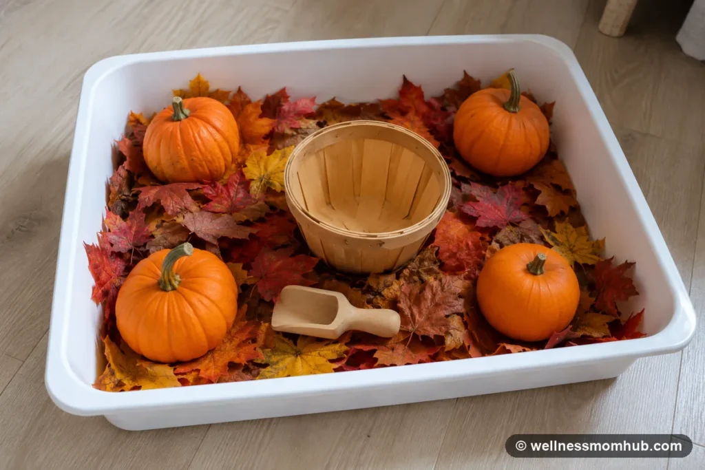 Fall sensory bin ideas using paper leaves, mini pumpkins, a wooden scoop, and a basket