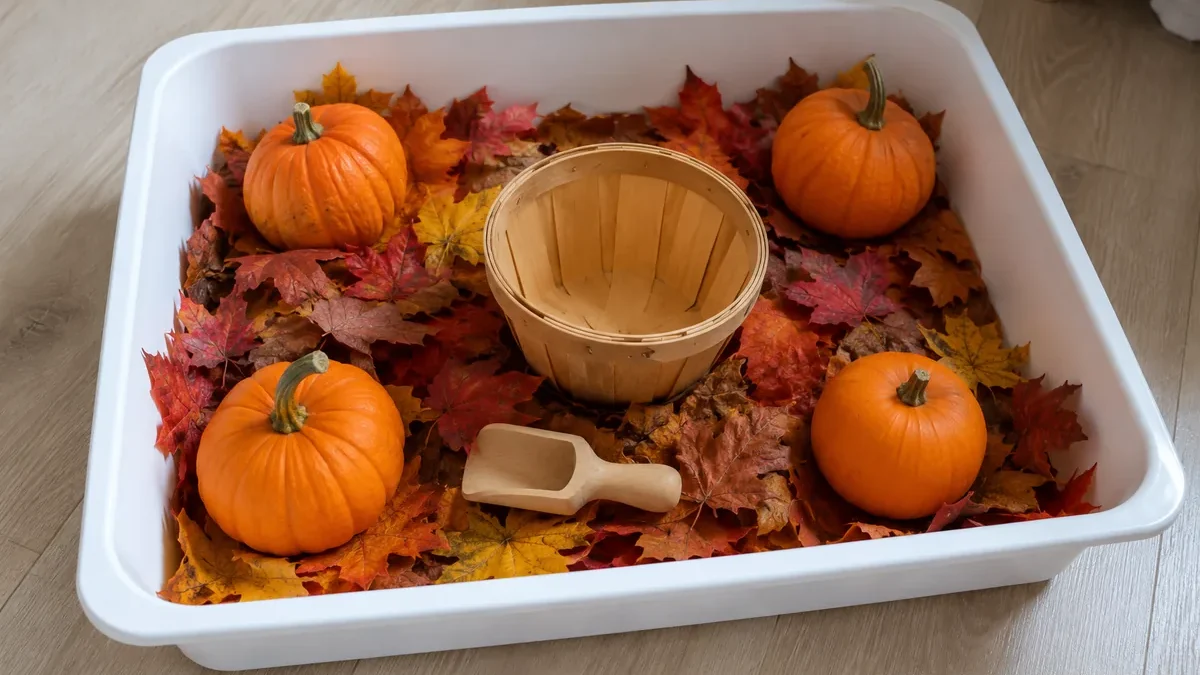 Fall sensory bin ideas using paper leaves, mini pumpkins, a wooden scoop, and a basket