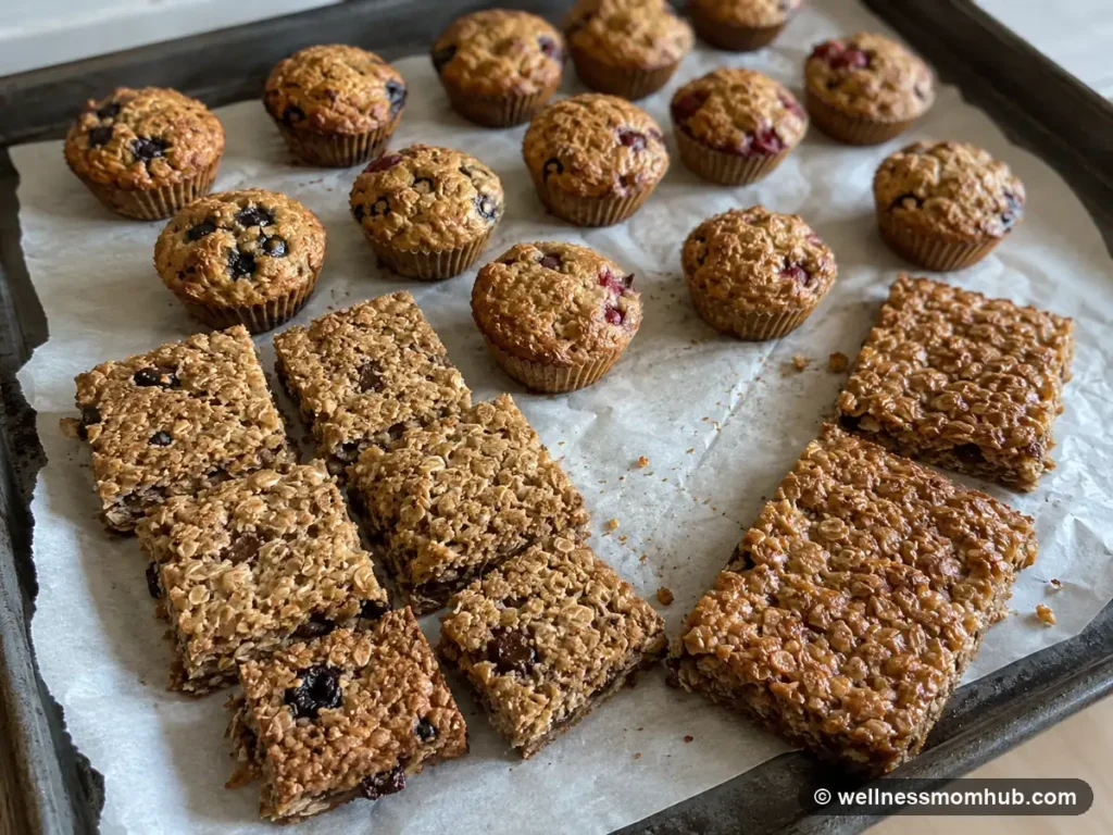 Sheet pan of homemade toddler snacks with mini muffins and soft oat bars cooling on parchment paper