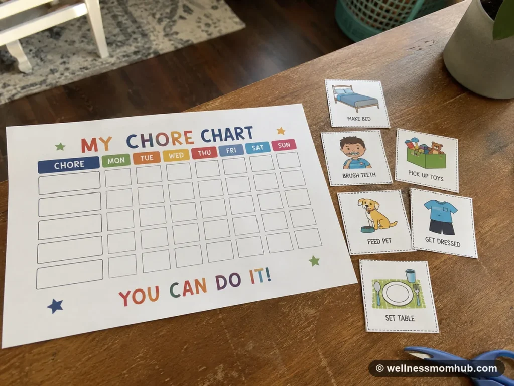 Picture chore cards cut out and laid beside a child's printable chore chart