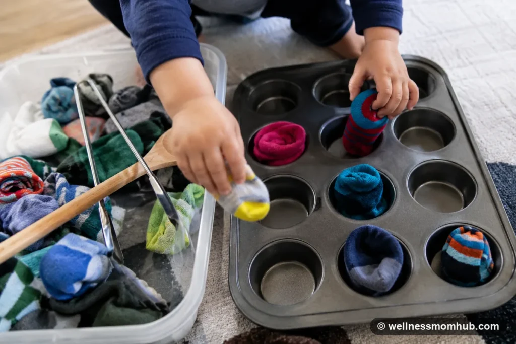 Low-mess toddler sensory bin with colorful socks, a muffin tin, and kitchen tools