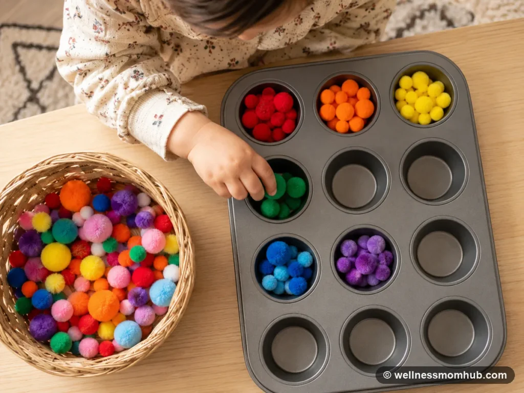 Toddler sorting colorful pom-poms into a muffin tin during an easy at-home activity