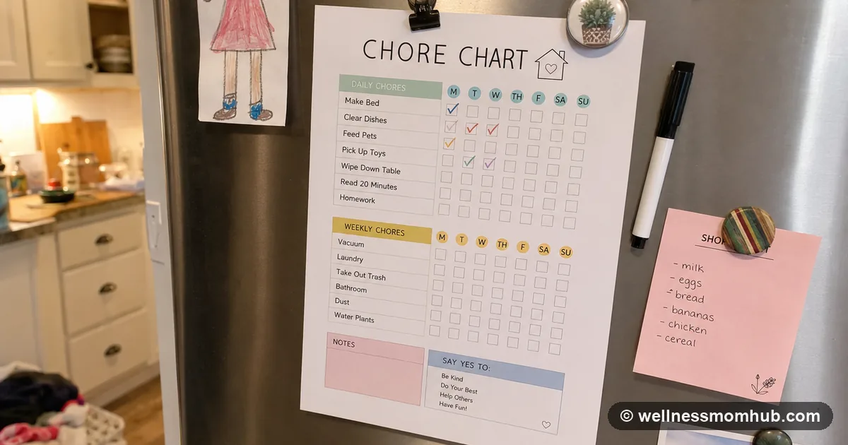 Printable chore chart attached to a family refrigerator with a marker nearby