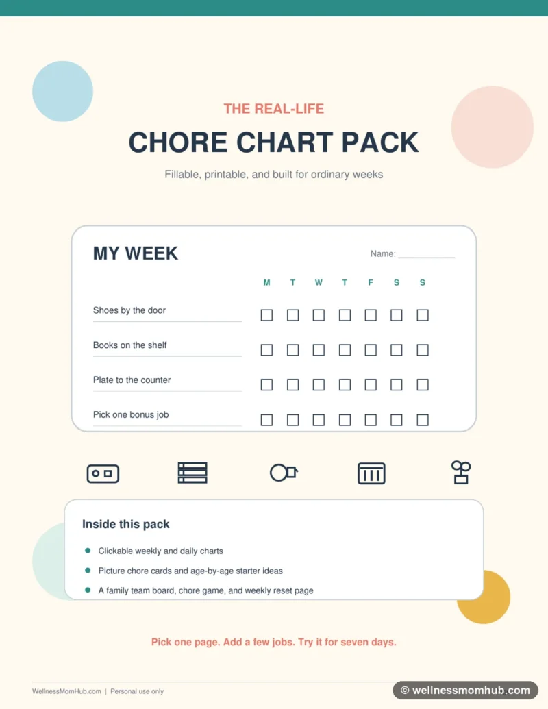 Preview of the Real-Life Chore Chart Pack Printable, a free printable PDF from Wellness Mom Hub