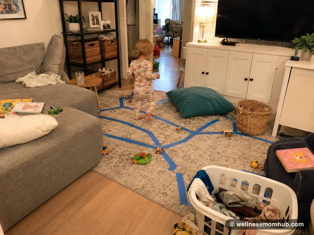 Living room set up with painter's tape roads, toy cars, and a laundry basket for rainy day activities for toddlers