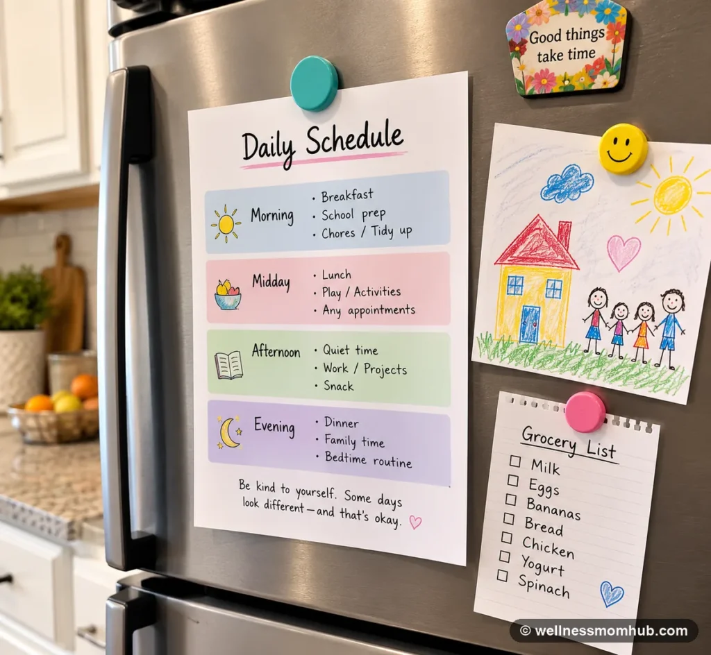 Printed daily schedule attached to a refrigerator beside a child's drawing and a short grocery list