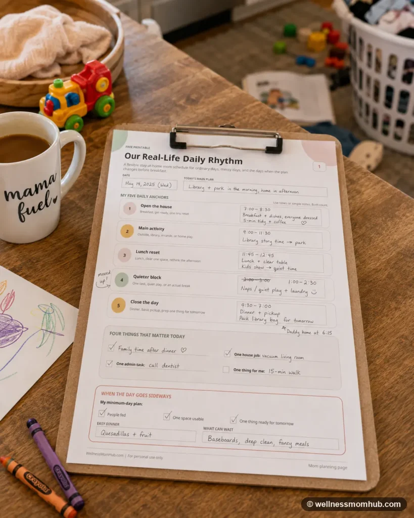 Completed stay at home mom schedule printable on a clipboard in a lived-in kitchen