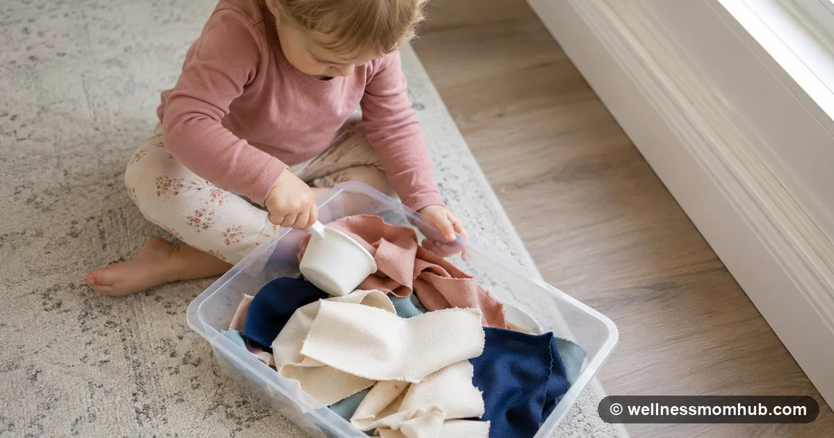 Toddler scooping large fabric pieces from a simple sensory bin with a measuring cup