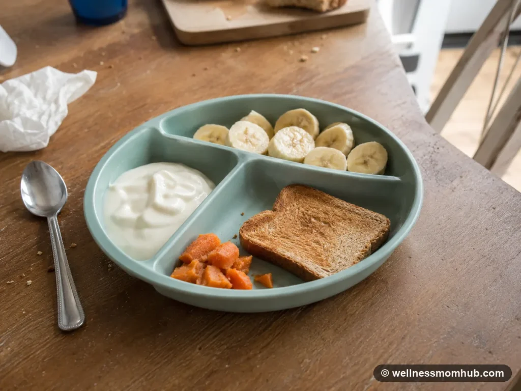 Divided toddler plate with banana, plain yogurt, toast, and soft cooked sweet potato