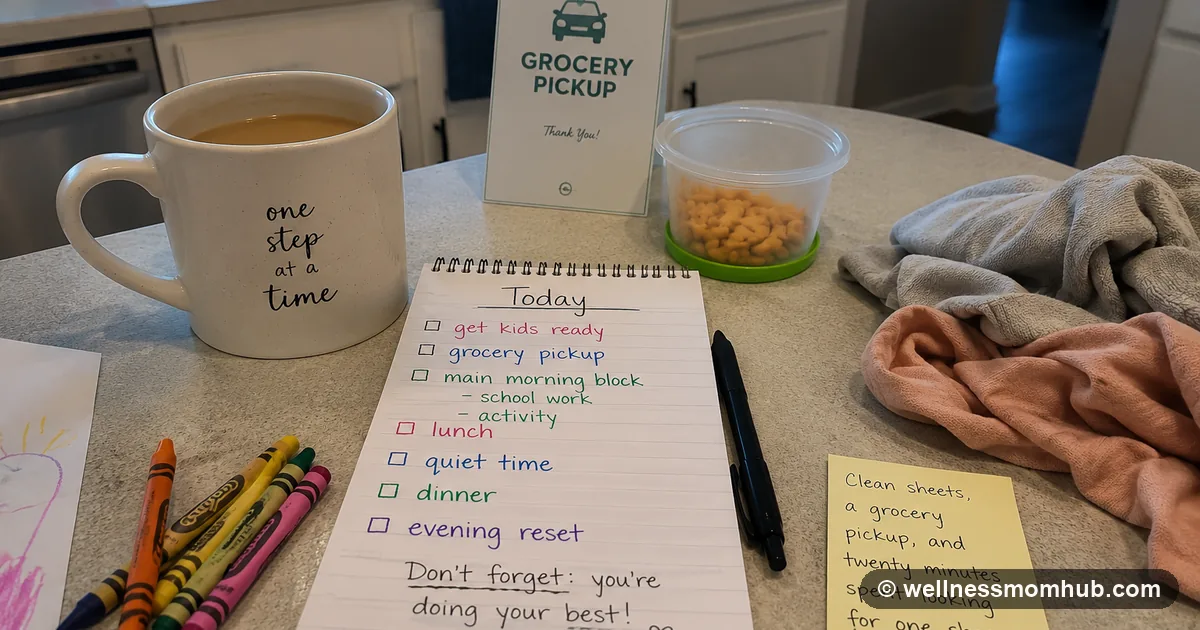 Handwritten stay at home mom schedule on a kitchen counter beside a coffee mug, crayons, and a snack cup