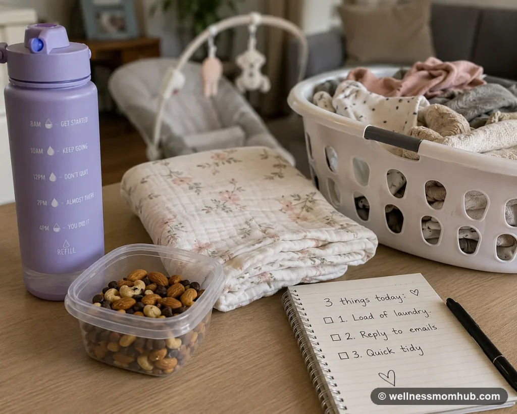 Simple baby-stage household setup with a water bottle, snack, laundry basket, and a handwritten three-item task list