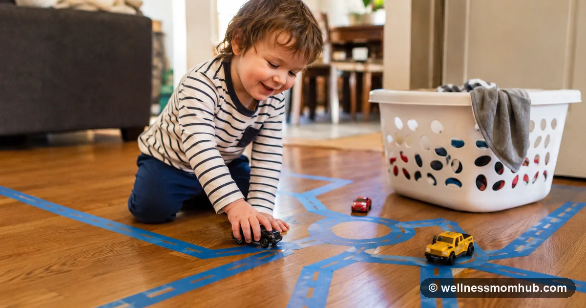 Toddler doing indoor activities at home with painter's tape roads and a laundry basket