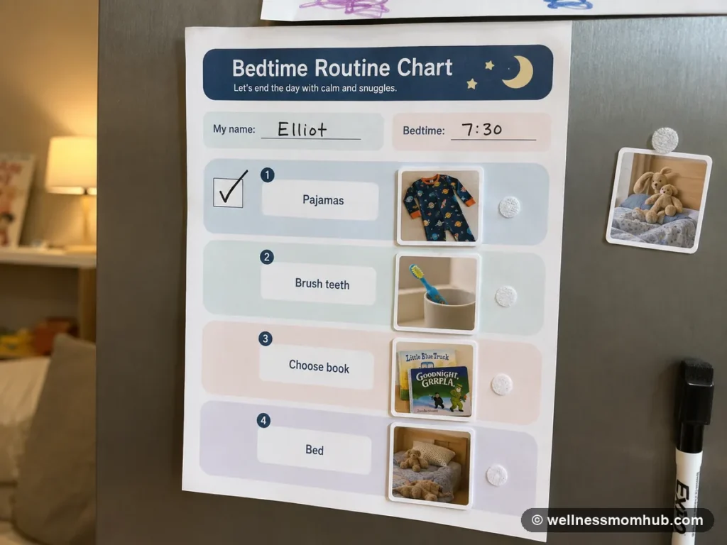 Toddler bedtime routine chart made with photos of the child's own pajamas, toothbrush, book, and bed