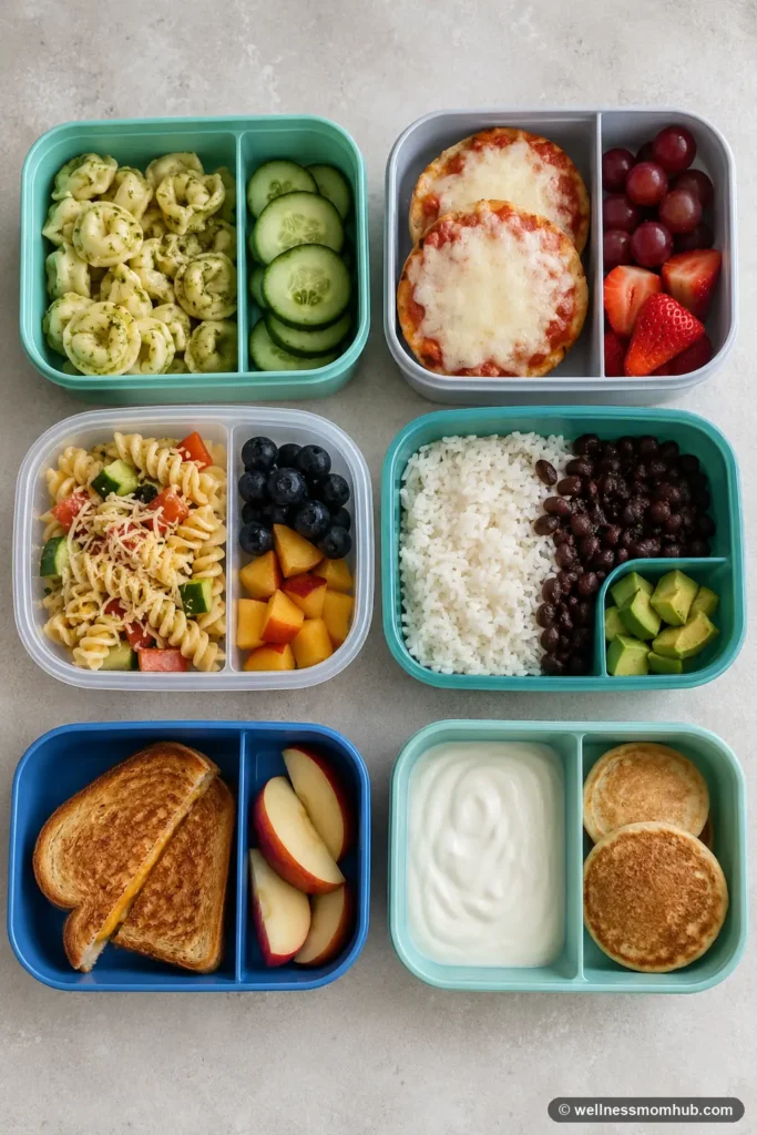 Six toddler cold lunch ideas including tortellini, mini pizza, pasta salad, rice and beans, grilled cheese, and yogurt