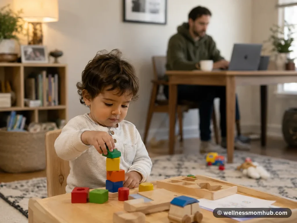 Toddler playing independently at a small table while a parent works in the background