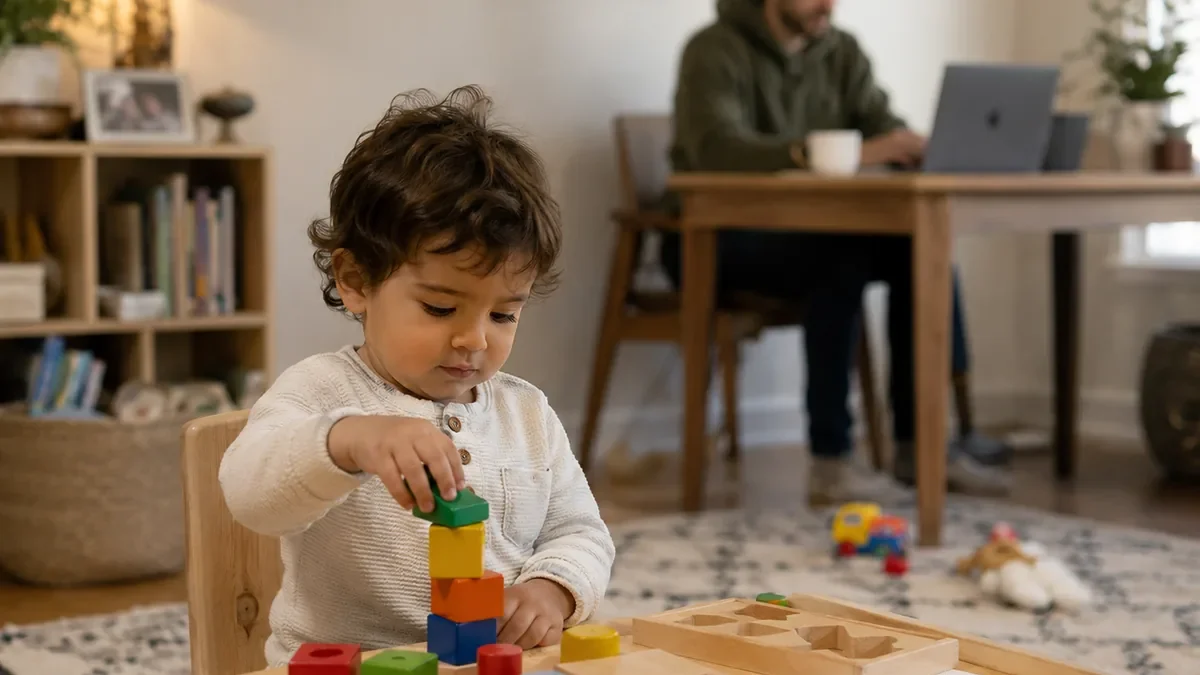 Toddler playing independently at a small table while a parent works in the background
