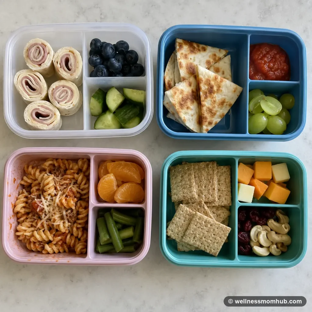 Four toddler lunch box ideas from above with pinwheels, quesadilla wedges, pasta, and a cracker snack box