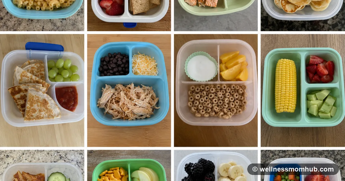 Grid of toddler lunch ideas packed in divided containers with pasta, quesadillas, pinwheels, and fruit