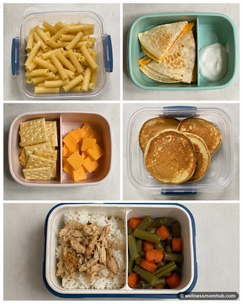 Toddler lunch ideas for picky eaters with plain pasta, quesadilla, crackers and cheese, pancakes, and leftovers