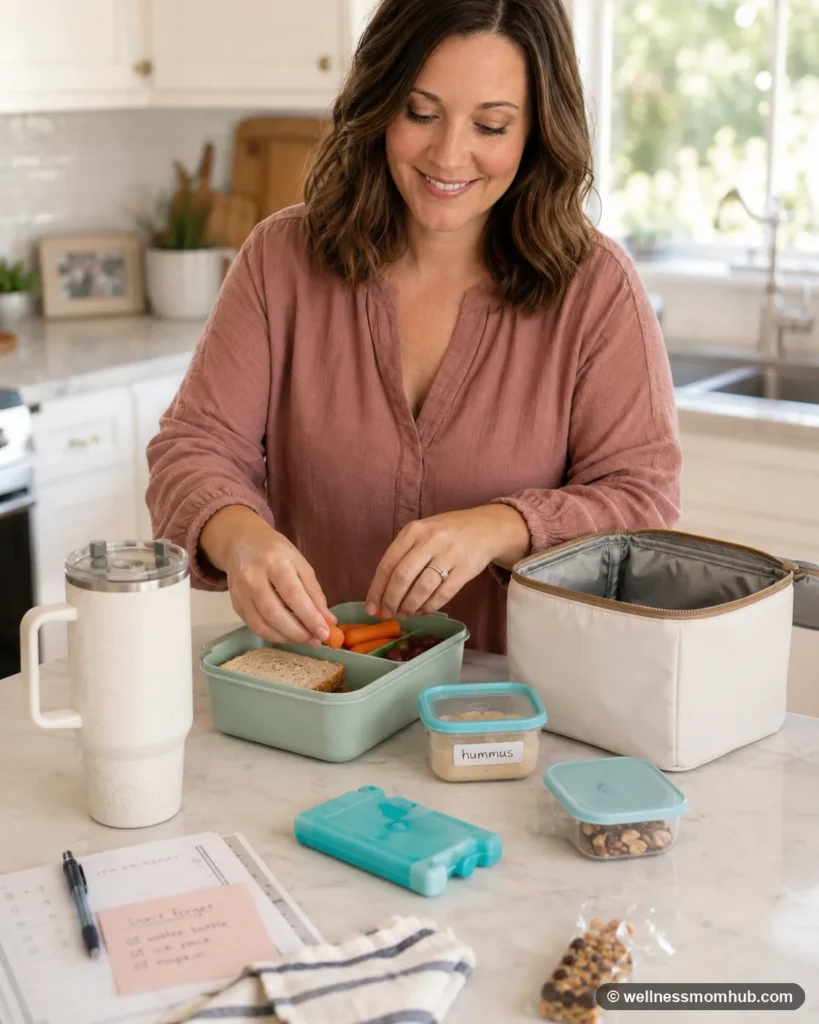Parent packing a toddler lunch with a divided bento box, small containers, an insulated bag, an ice pack, and labels