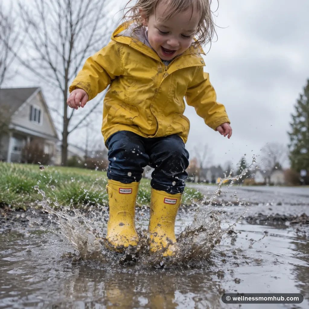 Toddler in rain boots jumping in a puddle after being stuck inside