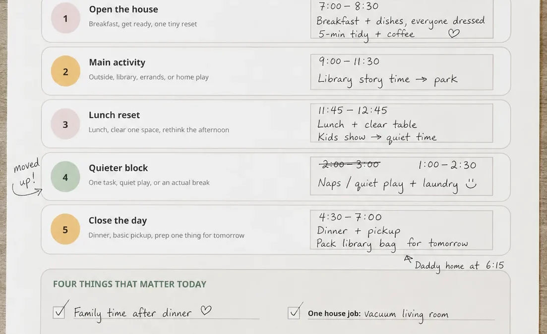 Printable toddler schedule template filled in by hand with crossed-out times and arrows
