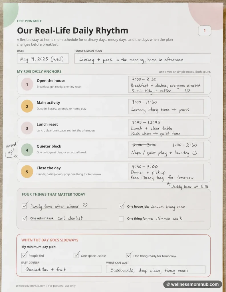 Printable toddler schedule template filled in by hand with crossed-out times and arrows