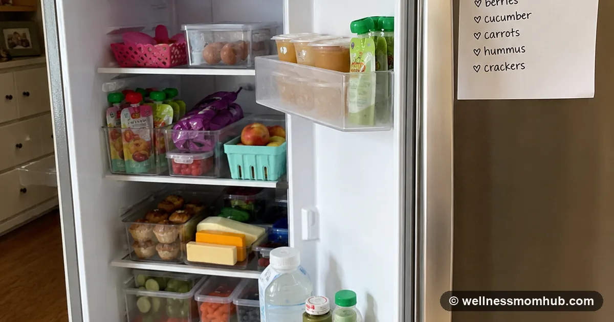 Open refrigerator stocked with toddler snacks beside a handwritten toddler snack list taped to the door