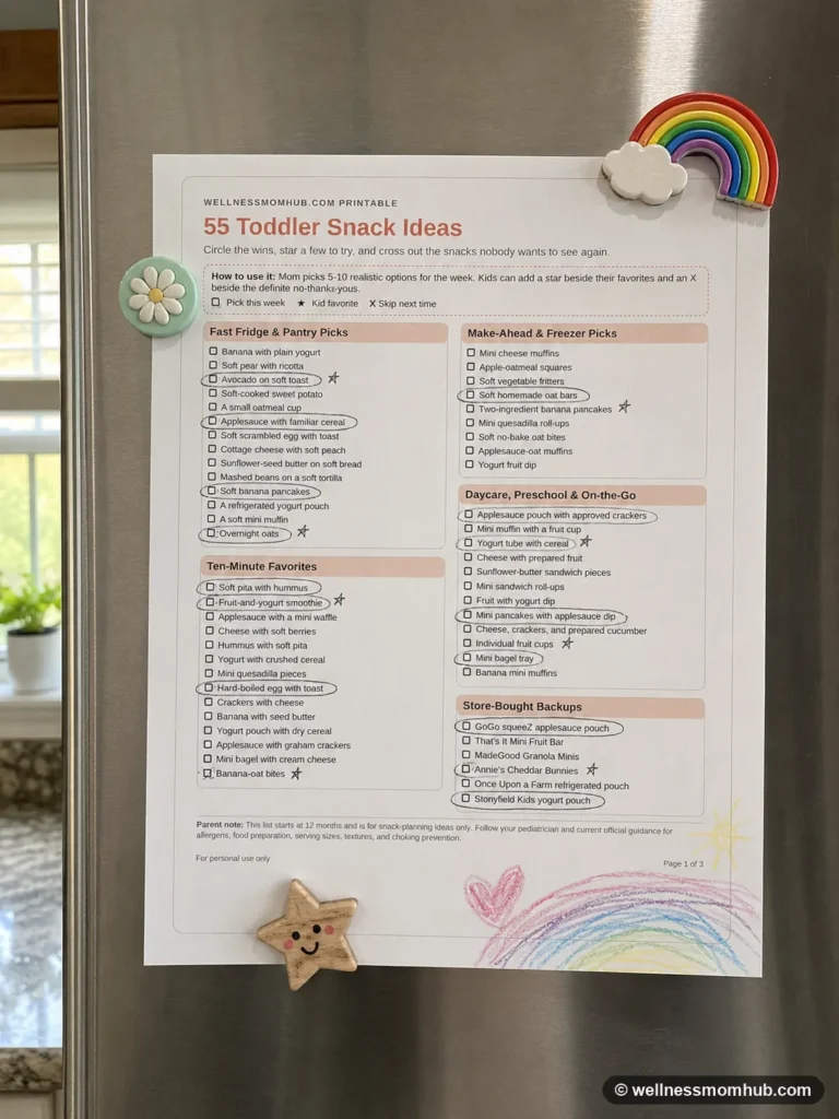 Printable toddler snack ideas list on a refrigerator with several snack options circled