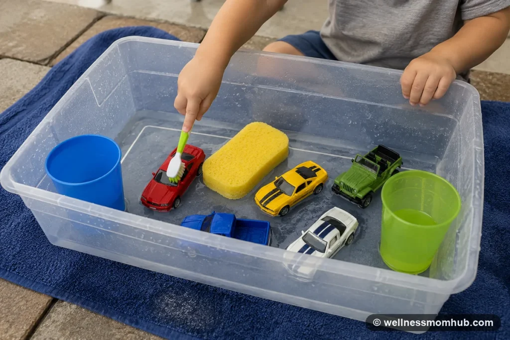 Toddler toy car wash sensory bin with shallow water, a sponge, and plastic cups