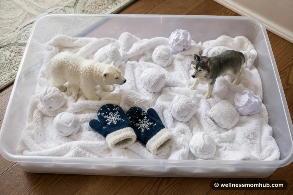 Winter sensory bin with white fabric snow, paper snowballs, mittens, and toy animals