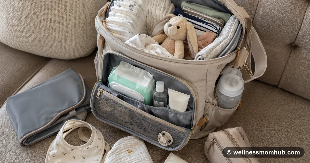 Packed diaper bag on a couch with diapers, wipes, baby clothes, a bottle, and a changing pad laid out beside it