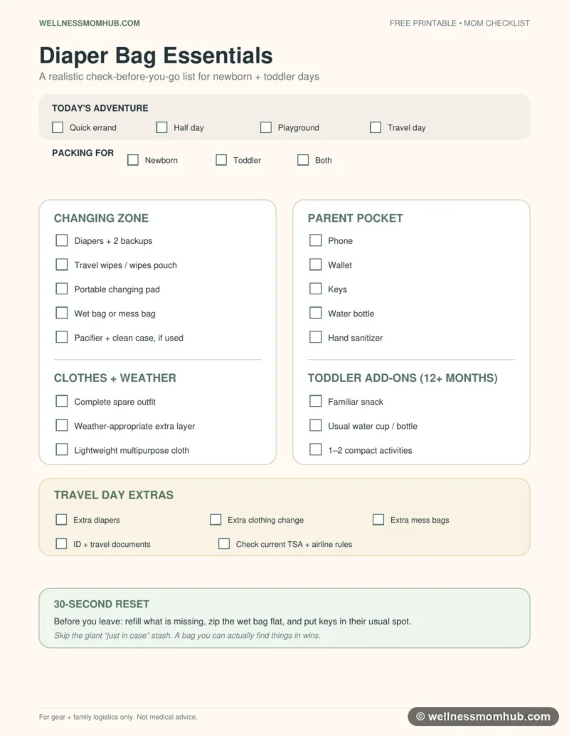 Preview of the Diaper Bag Essentials Printable Checklist, a free printable PDF from Wellness Mom Hub